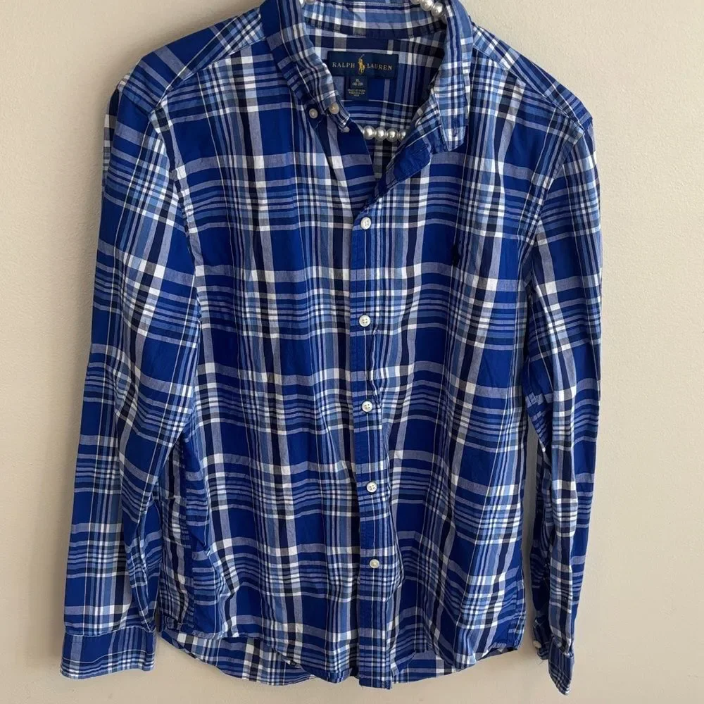 Ralph Lauren boys Blue and White Plaid button down Shirt size xl